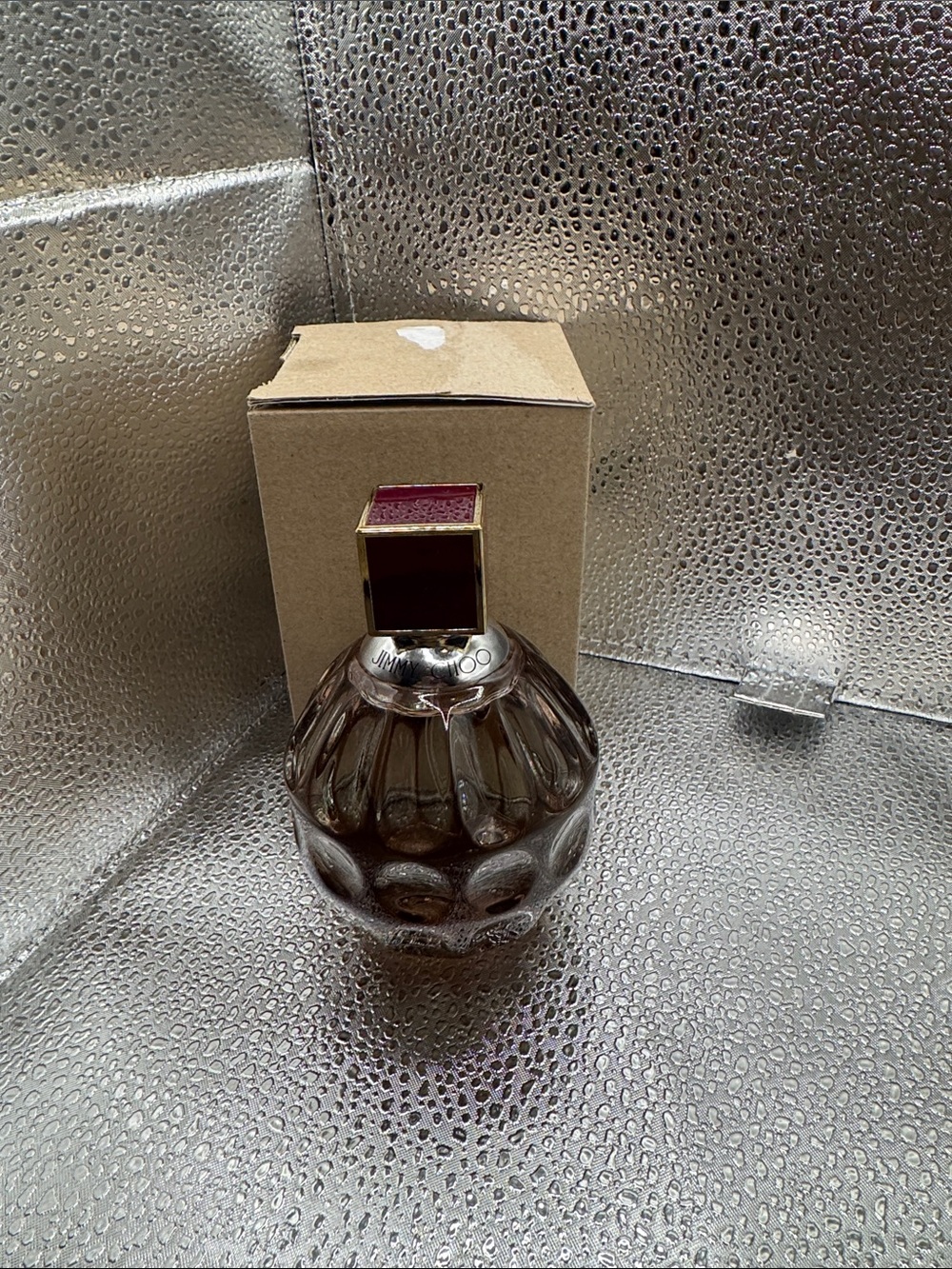 Jimmy Choo Smoky Brown Glass Perfume Bottle with Gold and Deep Red Accents